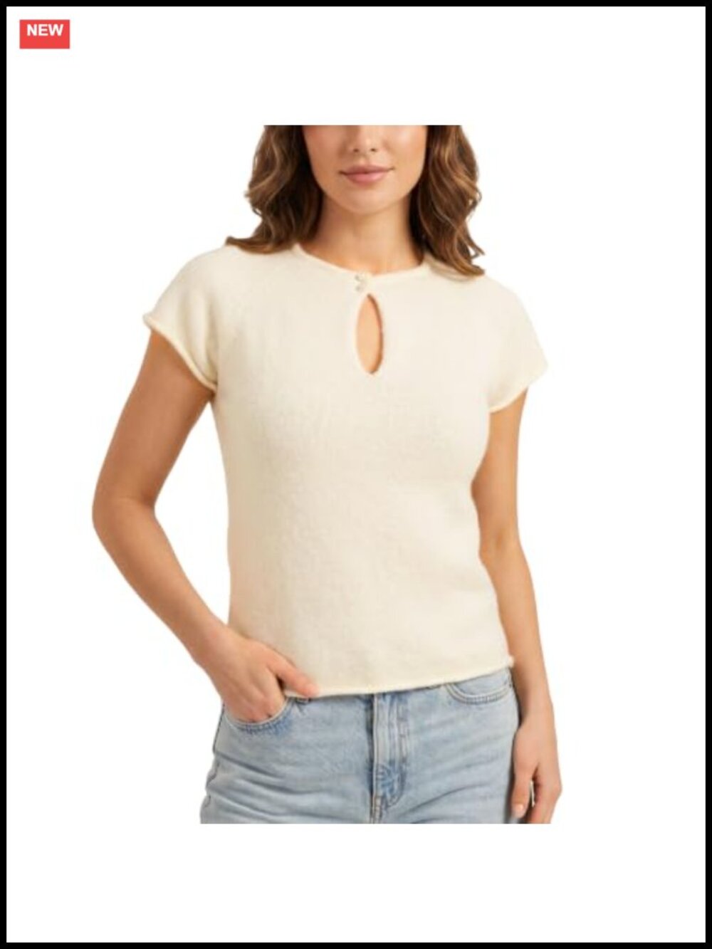 Keyhole Cutout Cap Sleeve Ribbed Knit Sweater Top Women Slim Fit Retro